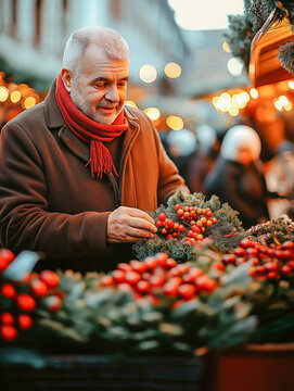 Elderly caucasian man shopping christmas wreath at festive outdoor market stall in winter evening