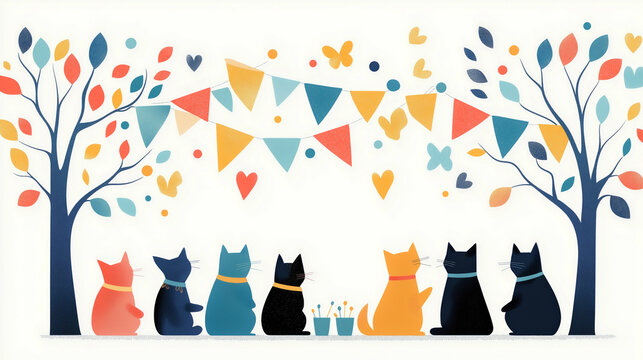 Colorful illustration of cats sitting together under trees with festive bunting and butterflies, creating a joyful atmosphere, playful pets concept
