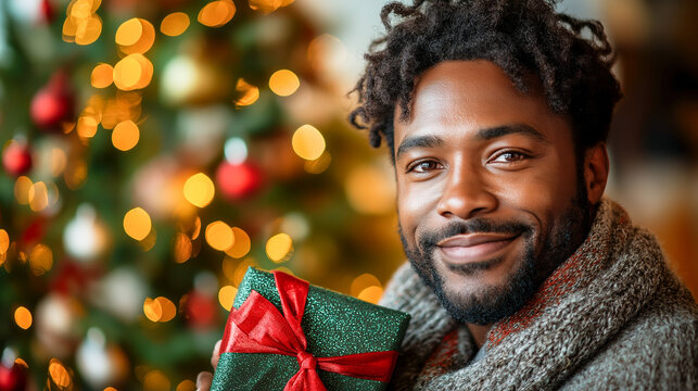 Smiling young african american man holding gift in front of decorated christmas tree with lights