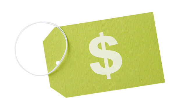 Isolated bright green price tag with a prominent dollar sign, representing sales savings