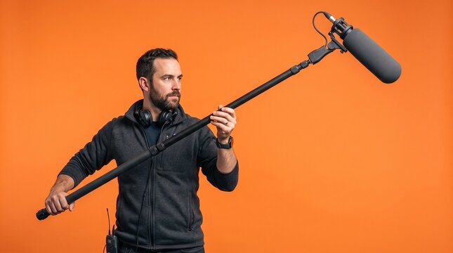 Sound engineer holding a boom microphone with windjammer against an orange background