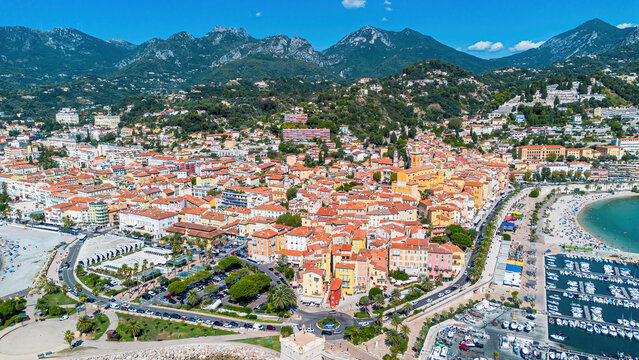 Aerial drone view of the old town of Menton on the coast of the Mediterranean Sea in the French Riviera