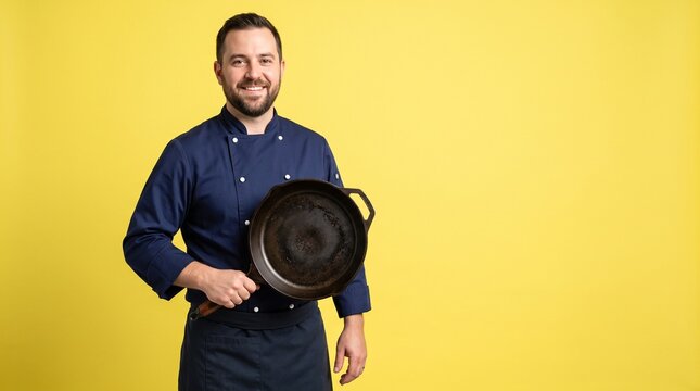 Smiling Chef in Blue Uniform Holding a Cast Iron Skillet Against a Vibrant Yellow Background