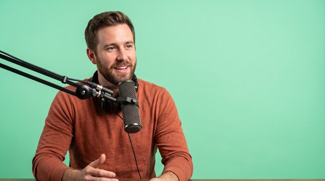 Smiling man with beard wearing headphones talking into a podcast microphone in a studio with a teal background