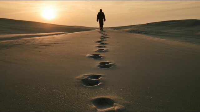 Jesus Christ walks alone along a sandy path during sunset. The sun sets in the background, casting shadows over the footprints he leaves.