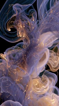Gold ink mixes with blue ink in dark water, creating fluid patterns and textures in an art studio. Watch the colors blend and change.