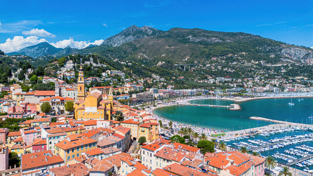 Aerial drone view of the old town of Menton on the coast of the Mediterranean Sea in the French Riviera