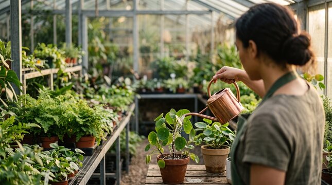 Woman watering plants in a greenhouse with a copper watering can surrounded by lush greenery