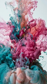 Ink drops spread and mix in water, creating colorful patterns in teal and pink. This process captures the beauty of fluid dynamics in detail.