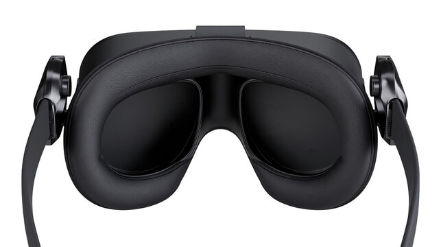 Isolated black virtual reality headset, detailed inside view showing comfortable face padding and lenses.