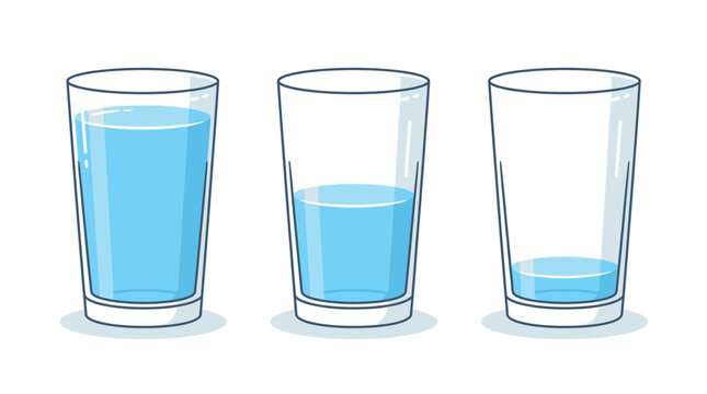 Three transparent glasses containing different levels of blue water illustrated in a simple flat style
