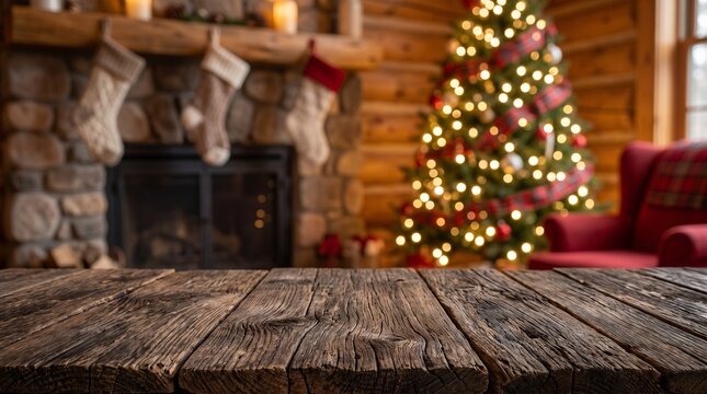 Rustic wooden table top with blurred festive Christmas interior background for holiday product display