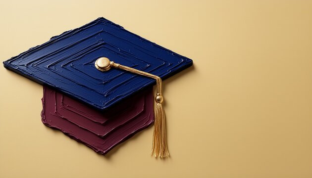 3D impasto oil painting of graduation cap with gold tassel and copy space