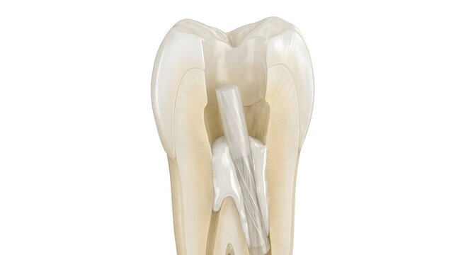 Scientific 3D Render of Dental Fiber Post Cementation in Root Canal Cross Section