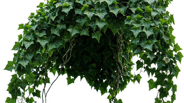 Isolated vibrant green English ivy plant (Hedera helix) with dense lobed foliage, hanging lushly.