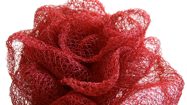 Isolated textured red mesh shower loofah or bath sponge for daily hygiene and personal care
