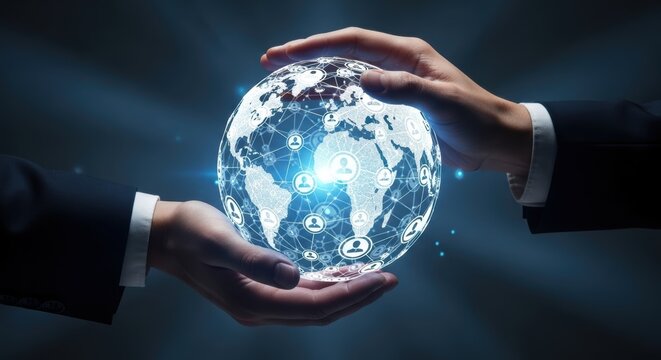 business partners holding glowing digital globe with people icons representing global communication, international networking and corporate partnership