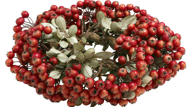 Isolated festive wreath with bright red berries and green leaves, perfect for holiday decoration.