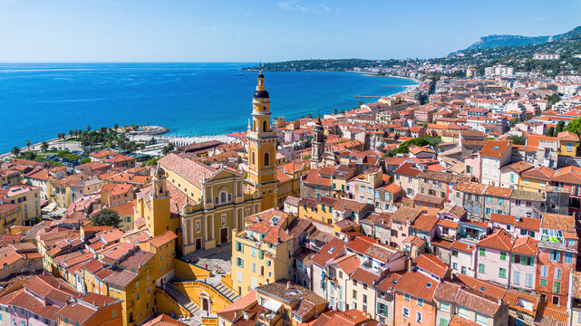 Aerial drone view of the old town of Menton on the coast of the Mediterranean Sea in the French Riviera