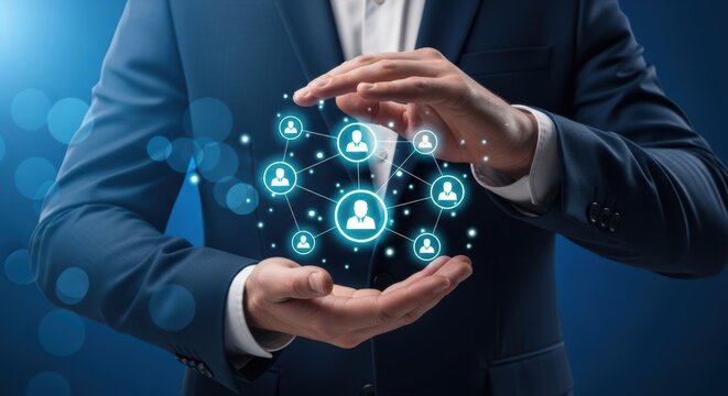 businessman holding glowing network of employee profiles representing crm, workforce data and professional connections