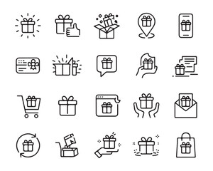 Fototapeta premium gift symbols grid outline icons for shopping delivery card