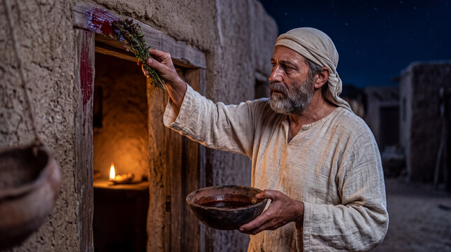 A biblical man using a bunch of hyssop to painting blood of passover lamb on door post.	
