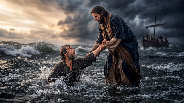 Jesus reaches out to Peter in the stormy sea.	