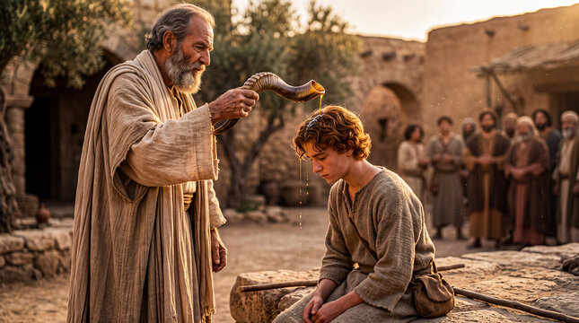 Samuel anointed David with the oil. Bible story.