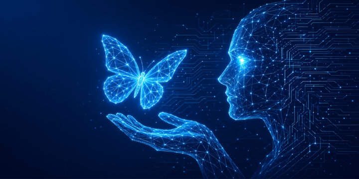 Artificial intelligence concept featuring a glowing holographic robot hand releasing a digital butterfly futuristic tech machine learning hologram humanoid innovation cybernetic butterfly
