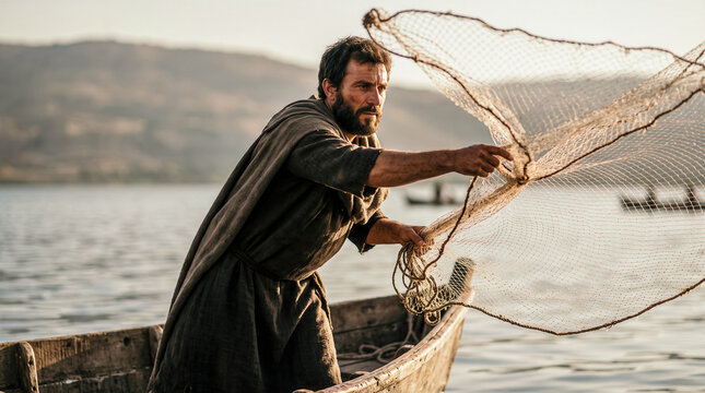 Peter is casting his fishing nets from a boat.