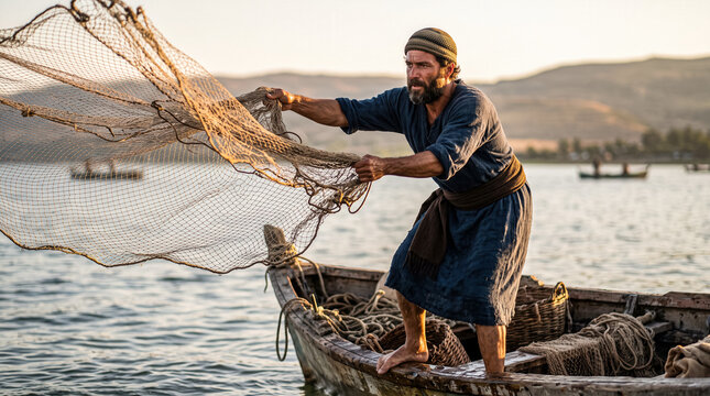 Peter is casting his fishing nets from a boat.