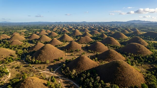 Chocolate Hills landscape aerial view, brown conical geological formations in Bohol, tropical nature scenery under blue sky