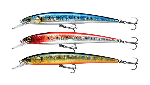 Three realistic fishing lures with treble hooks in blue, red, and gold colors