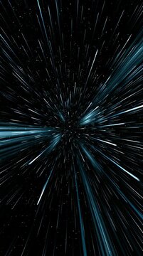 A view of streaks of light expanding outward from a central spot in deep space showing movement and depth