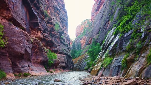 Virgin River flows scenically through the iconic Narrows trail canyon in Zion National Park