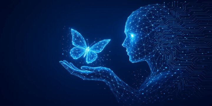 Artificial intelligence digital human profile holding a glowing wireframe butterfly with silhouette tech profile cyber bug futuristic insect data AI concept virtual hand