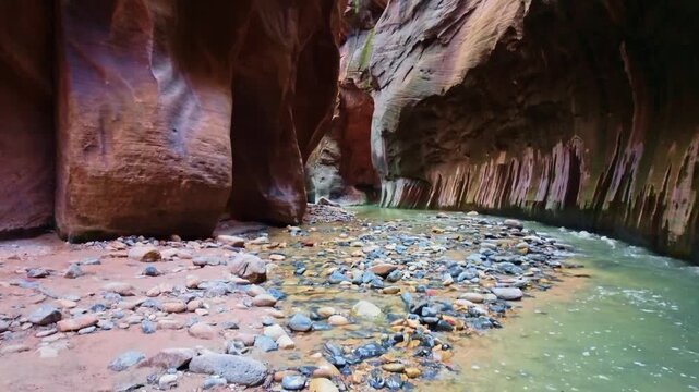 Virgin River flows scenically through the iconic Narrows trail canyon in Zion National Park