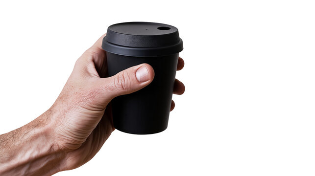 Isolated hand holding a black reusable coffee cup with a dark lid against a clean background.