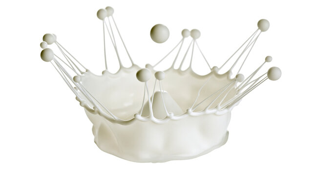 Isolated liquid milk splash forming a dynamic crown shape with droplets suspended and flying.