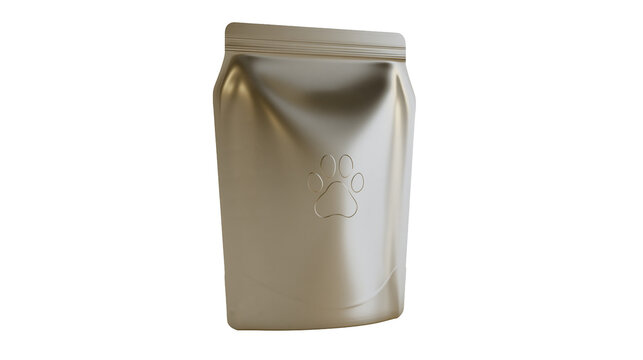 Isolated metallic stand-up pouch for pet food or treats with embossed paw print design