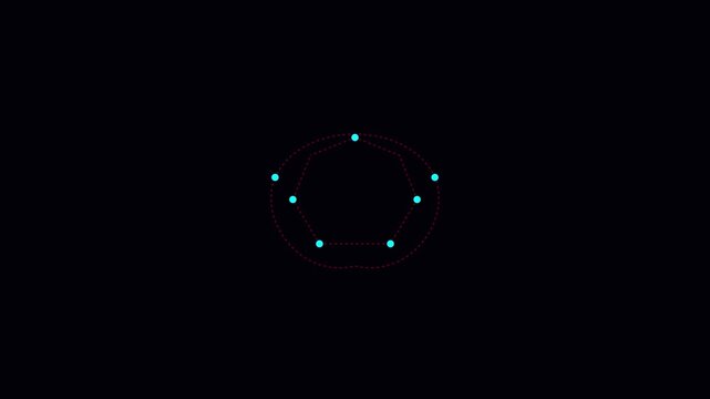 Minimalist pentagonal geometric motion with pulsing cyan dots and red dotted orbit lines on animation 4k black background