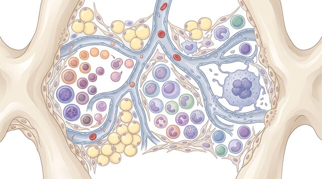 Microscopic medical illustration showing bone marrow tissue with stem cells and blood cells