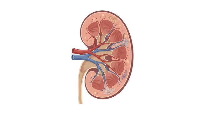 Anatomical cross section of human kidney showing renal cortex pelvis and blood vessels