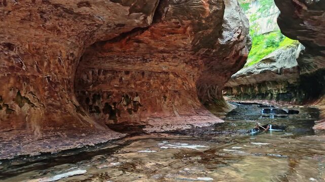 Scenic view captures the iconic tunnel entrance of the Subway formation in Zion National Park