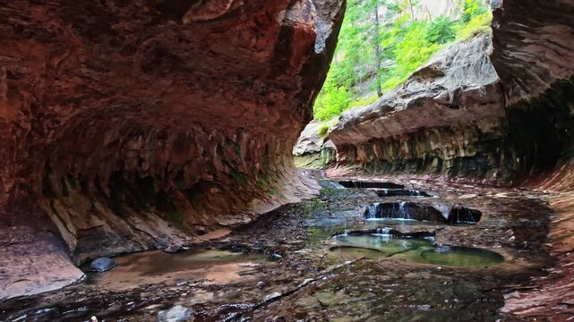 Scenic view captures the interior of the iconic Subway tunnel formation in Zion National Park