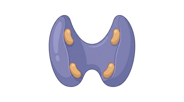 Anatomical illustration of human thyroid gland with parathyroid glands attached