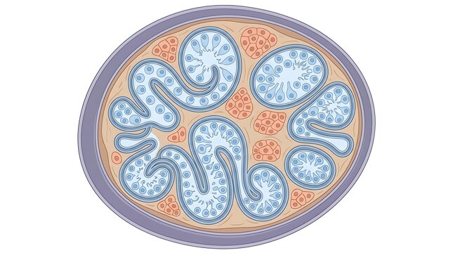 Medical illustration of testicular endocrine anatomy showing leydig cells and seminiferous tubules