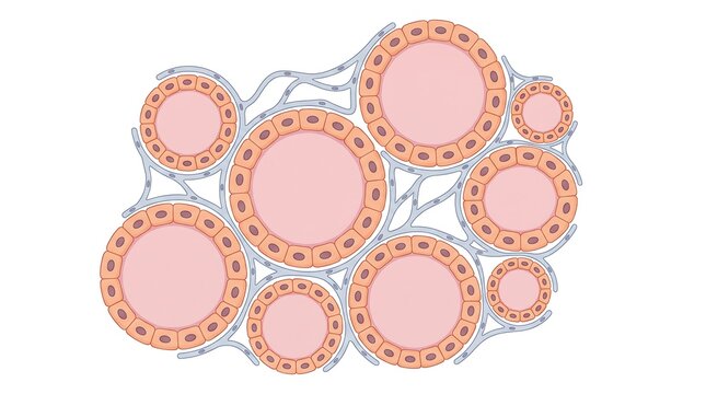 Medical illustration of thyroid follicle structure showing colloid and follicular cells