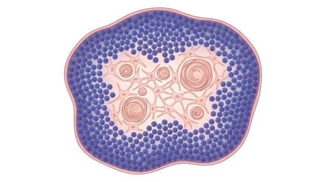 Scientific medical illustration of human thymus histology showing cortex and medulla architecture