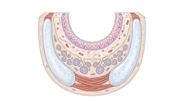 Detailed medical illustration showing human tracheal wall anatomy layers and cellular structure